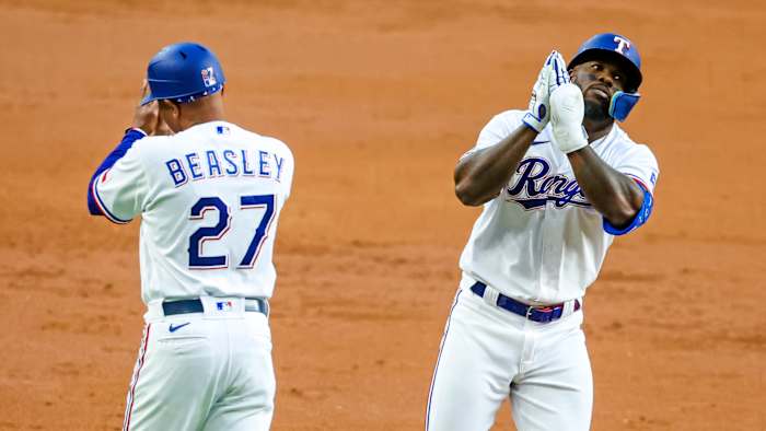 Apr 26, 2022; Arlington, Texas, USA; Texas Rangers center fielder Adolis Garcia (53) rounds the bases after hitting a home run during the second inning against the Houston Astros at Globe Life Field. Mandatory Credit: Kevin Jairaj-USA TODAY Sports